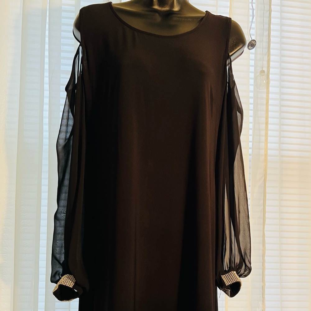 Sexy Black MSK Dress with Cold-Shoulder Sheer Sleeves & Rhinestone Cufflinks